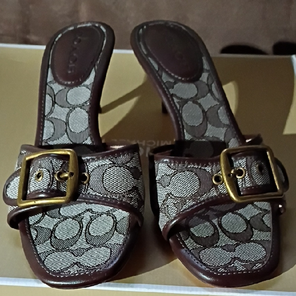 Coach Brown & Cream Signature Canvas Buckle Mules